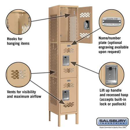Salsbury Industries 3 Tier Vented Locker, 12"Wx66"Hx12"D, 3 Door, Tan, Unassembled 73152TN-U